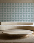 Linen Diamonds Sage argyle wallpaper in an elegant living room