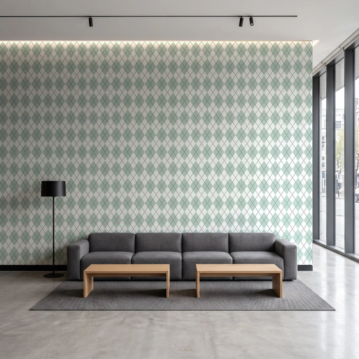 Linen Diamonds Sage argyle wallpaper in a contemporary commercial office lobby