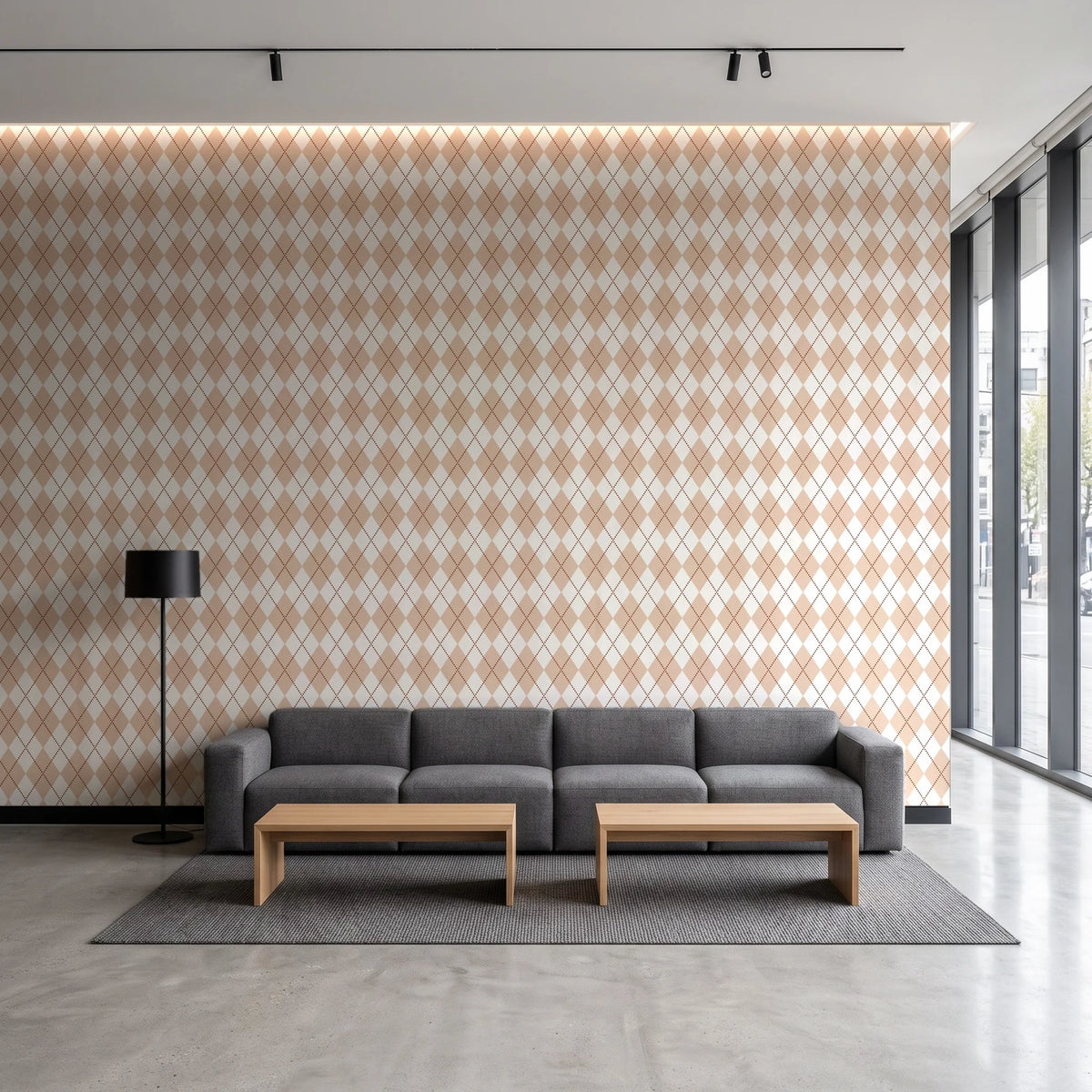 Linen Diamonds Terracotta argyle wallpaper in a contemporary commercial office lobby