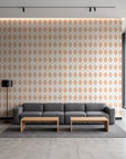 Linen Diamonds Terracotta argyle wallpaper in a contemporary commercial office lobby