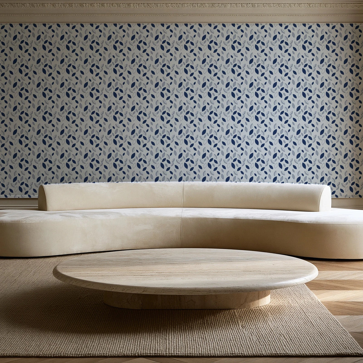 Linen & Leaf Indigo leaf wallpaper in an elegant living room