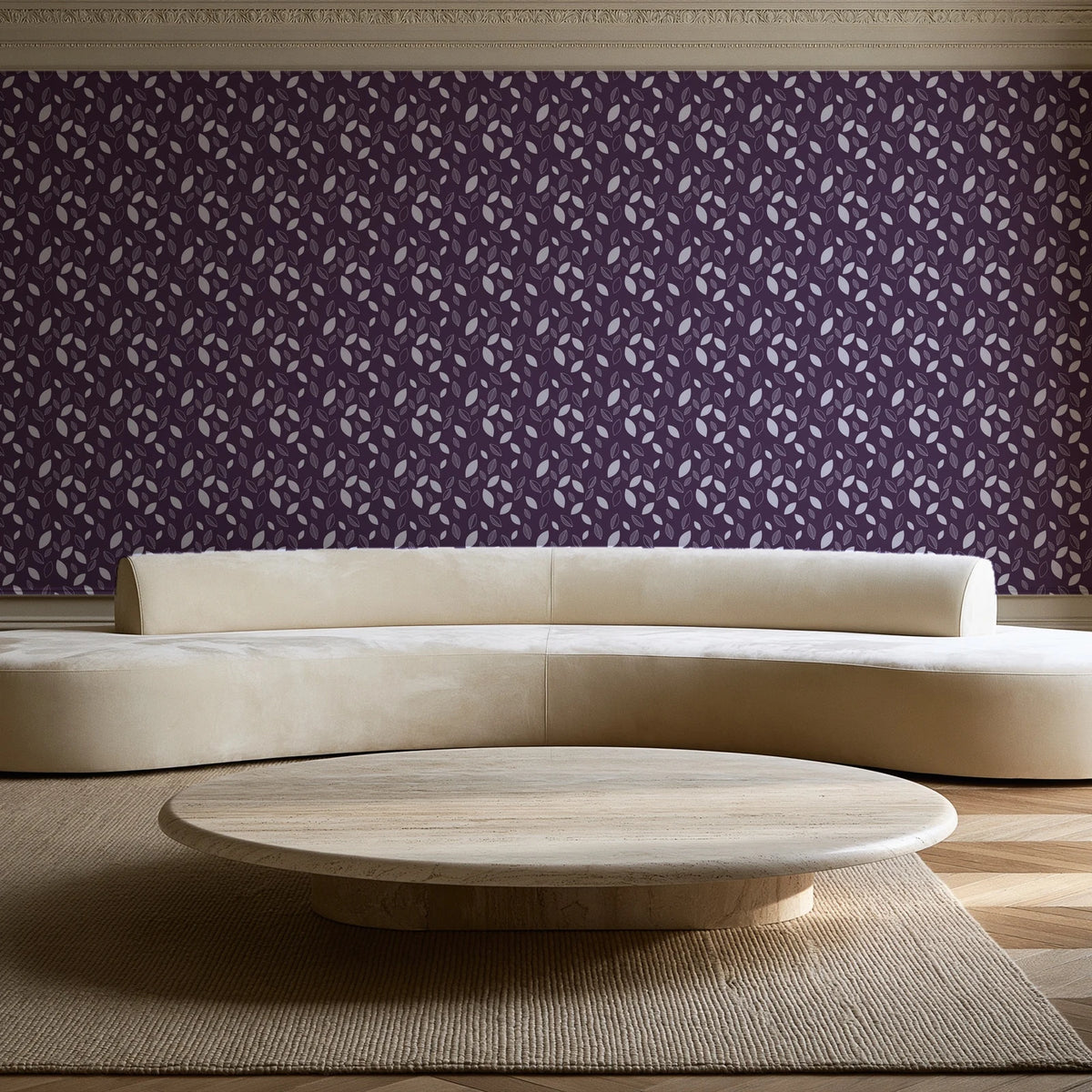 Linen & Leaf Plum leaf wallpaper in an elegant living room