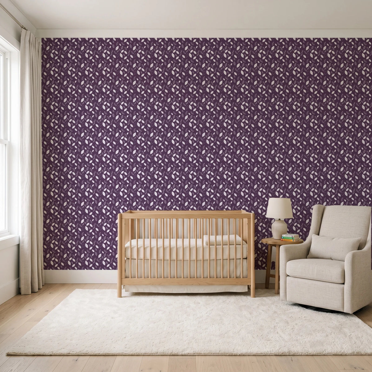 Linen & Leaf Plum leaf wallpaper in a calm, light-filled nursery