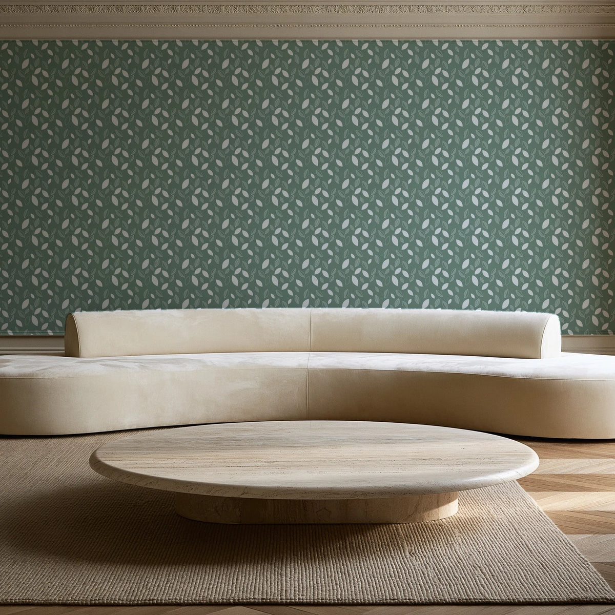 Linen & Leaf Sage leaf wallpaper in an elegant living room