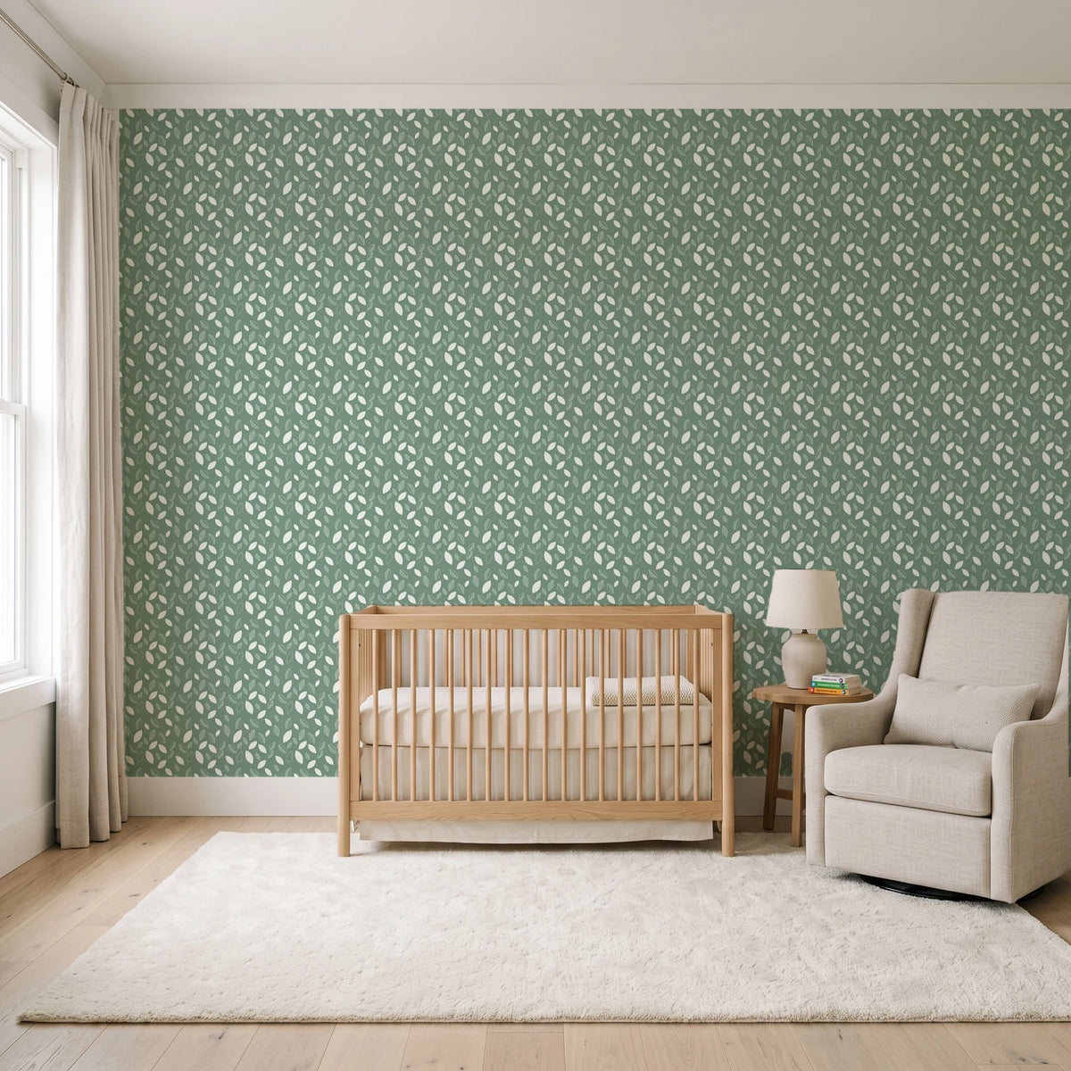Linen & Leaf Sage leaf wallpaper in a calm, light-filled nursery
