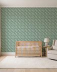 Linen & Leaf Sage leaf wallpaper in a calm, light-filled nursery