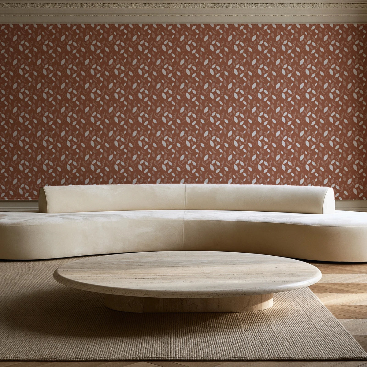 Linen & Leaf Terracotta leaf wallpaper in an elegant living room