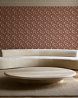 Linen & Leaf Terracotta leaf wallpaper in an elegant living room
