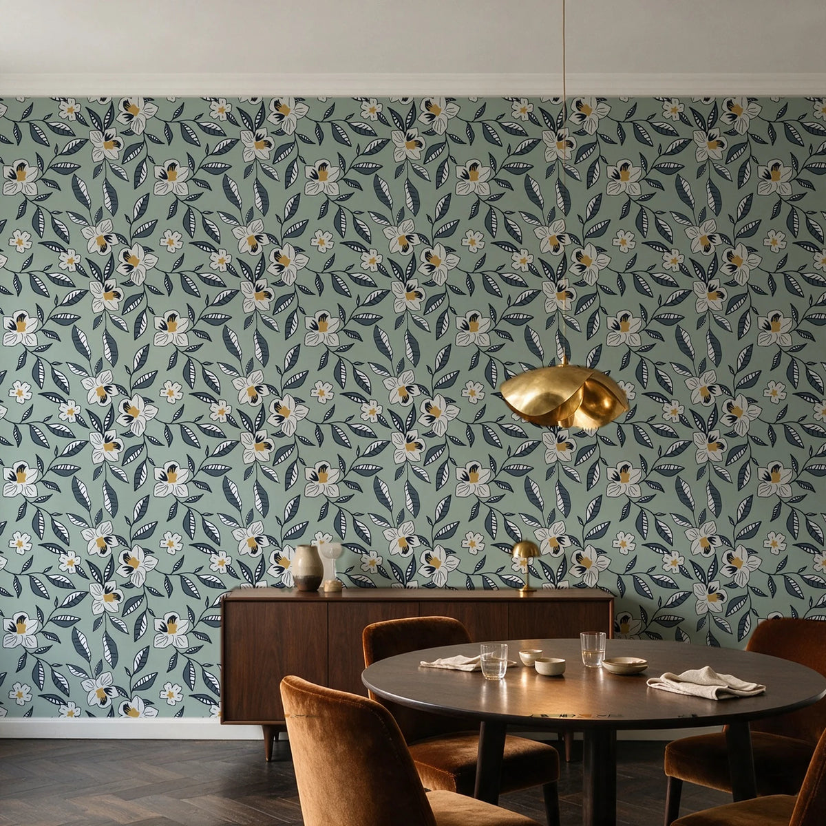 Magnolia Morning Charcoal magnolia bloom wallpaper in an elegant dining room