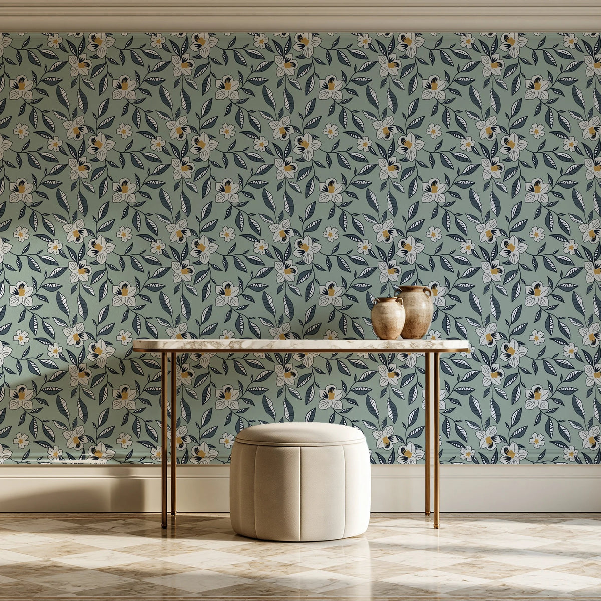 Magnolia Morning Charcoal magnolia bloom wallpaper on the wall of a grand entry foyer