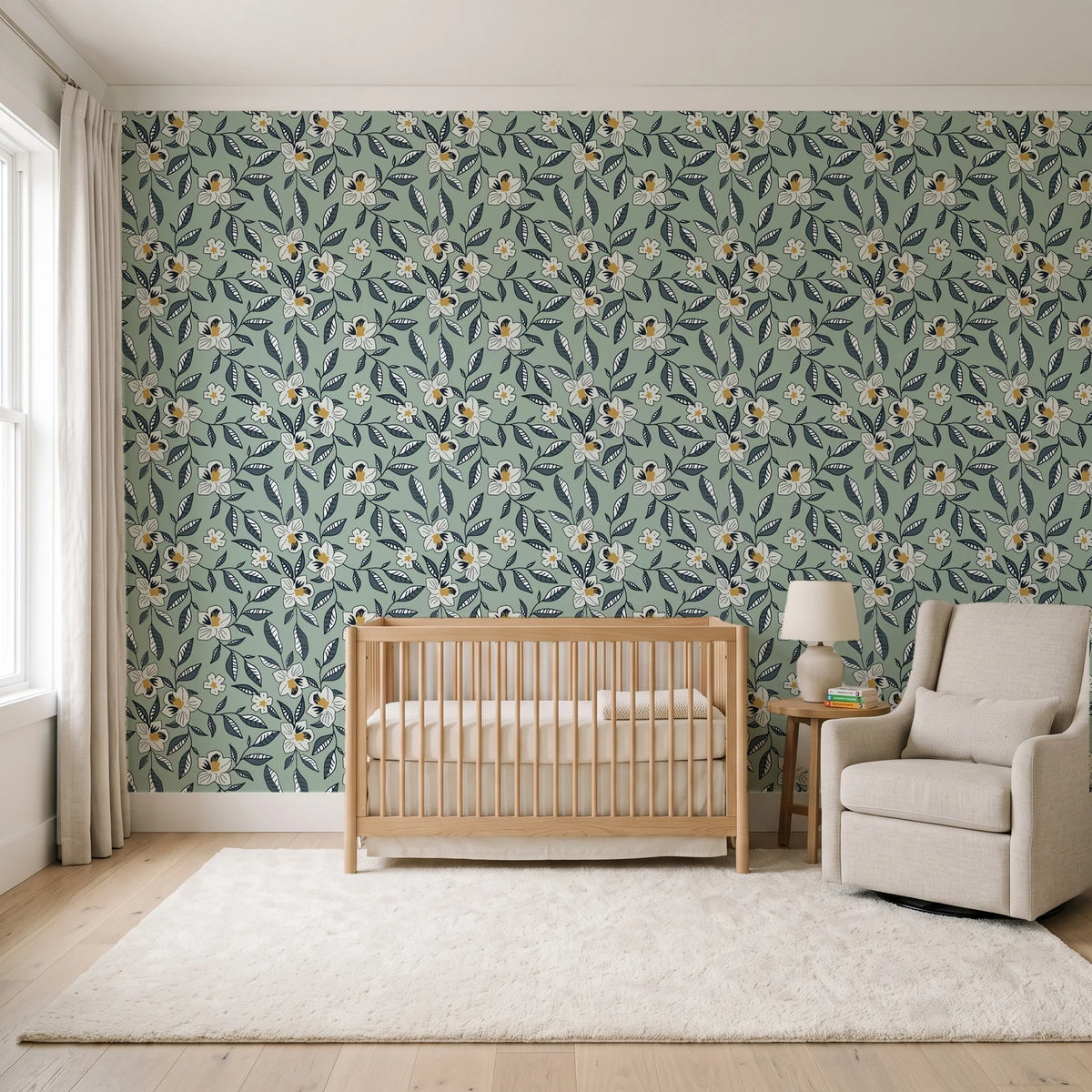 Magnolia Morning Charcoal magnolia bloom wallpaper in a calm, light-filled nursery