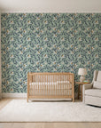 Magnolia Morning Charcoal magnolia bloom wallpaper in a calm, light-filled nursery