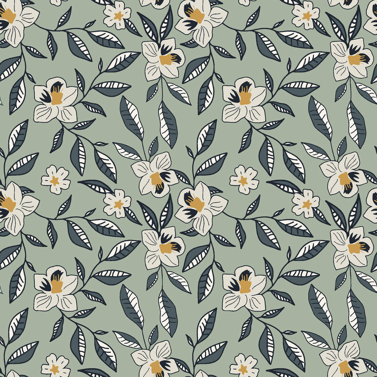 Magnolia Morning Charcoal magnolia bloom wallpaper in charcoal and brass