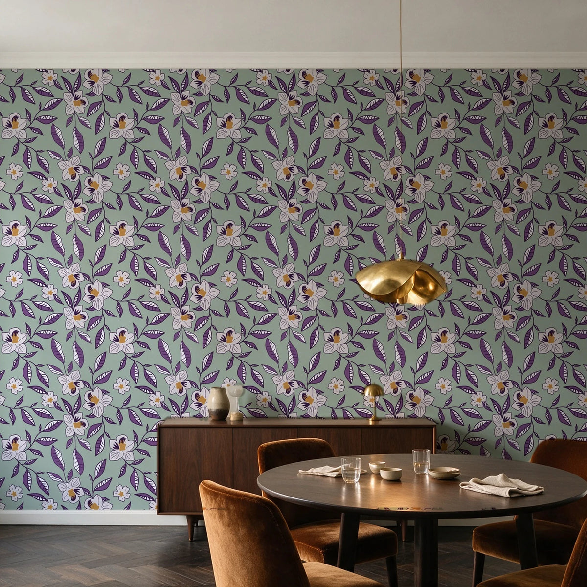 Magnolia Morning Plum magnolia bloom wallpaper in an elegant dining room