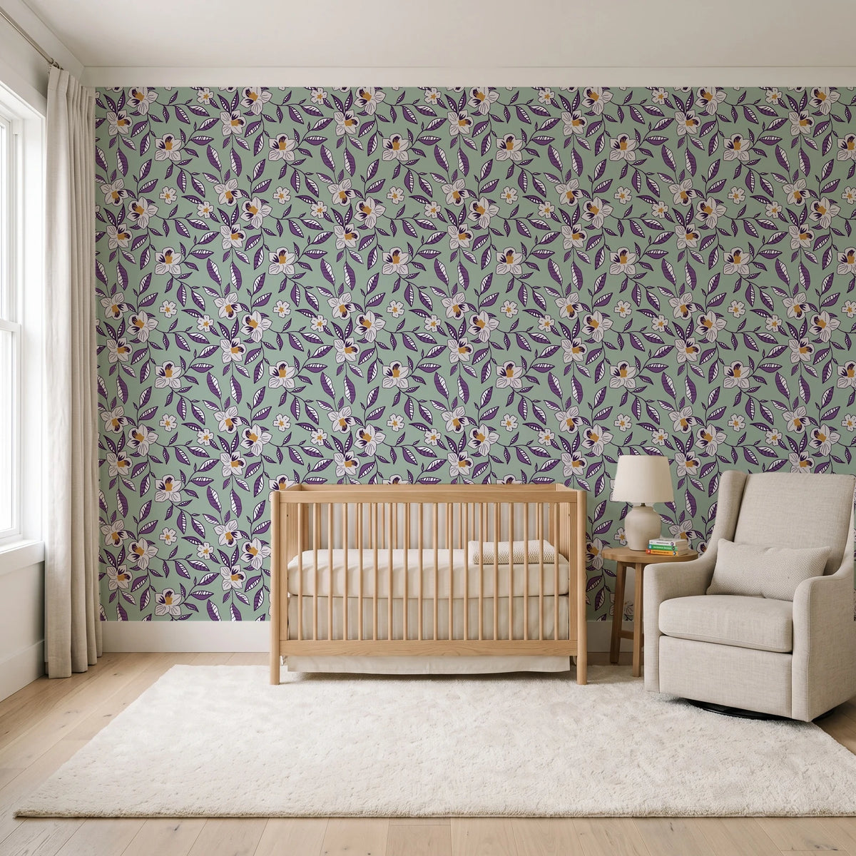 Magnolia Morning Plum magnolia bloom wallpaper in a calm, light-filled nursery