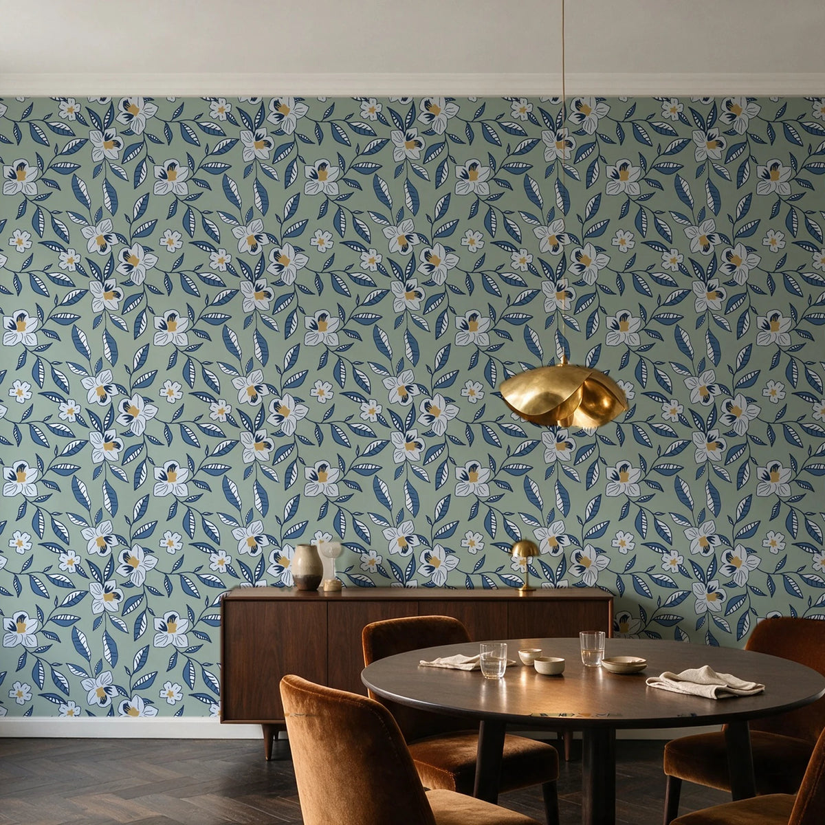 Magnolia Morning Slate magnolia bloom wallpaper in an elegant dining room
