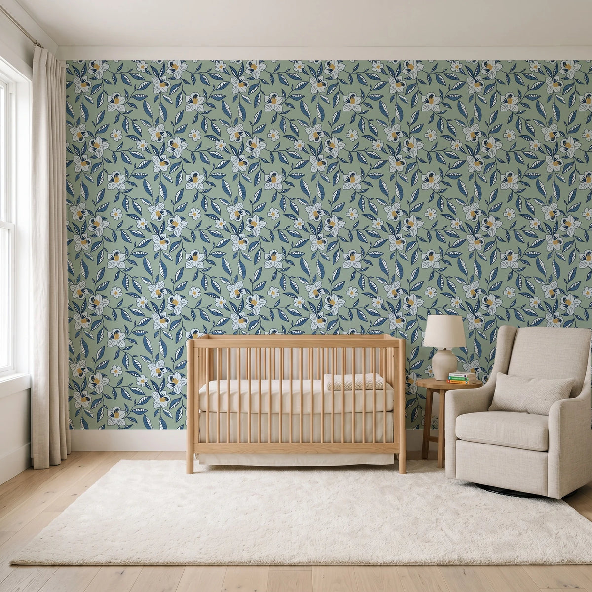 Magnolia Morning Slate magnolia bloom wallpaper in a calm, light-filled nursery