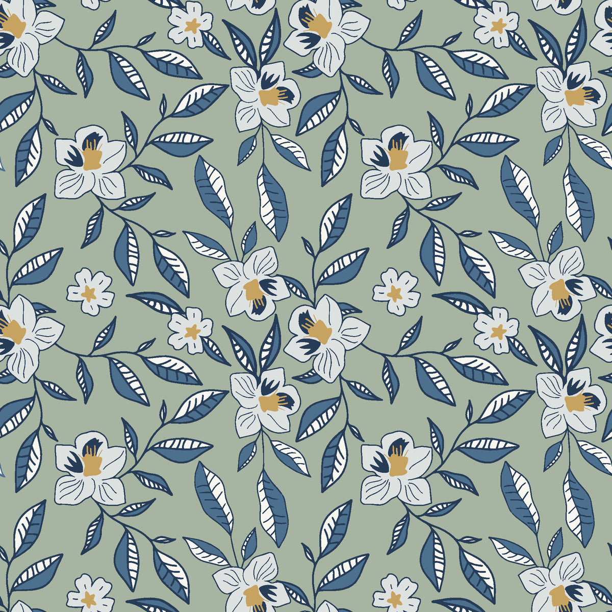 Magnolia Morning Slate magnolia bloom wallpaper in slate blue and linen