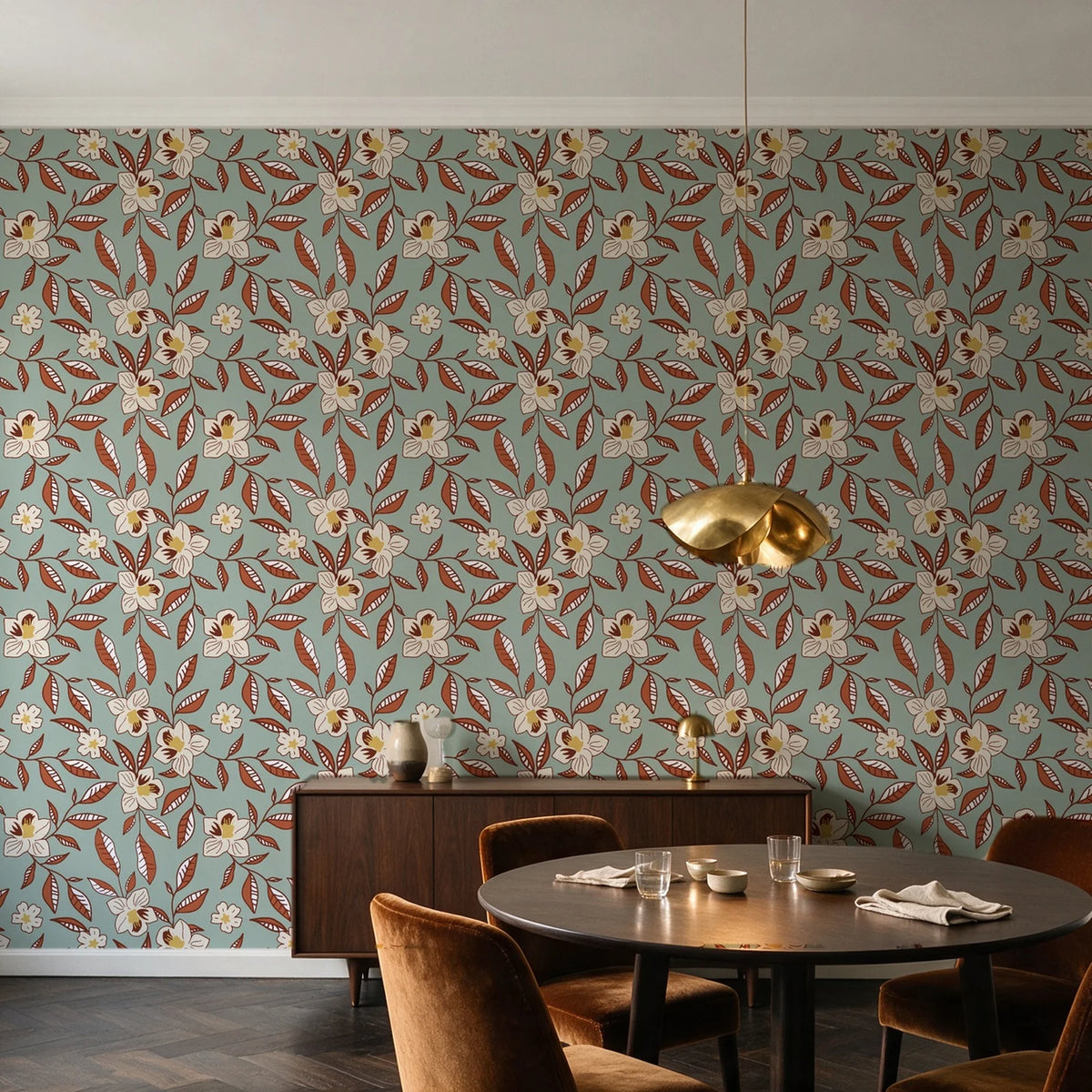 Magnolia Morning Terracotta magnolia bloom wallpaper in an elegant dining room