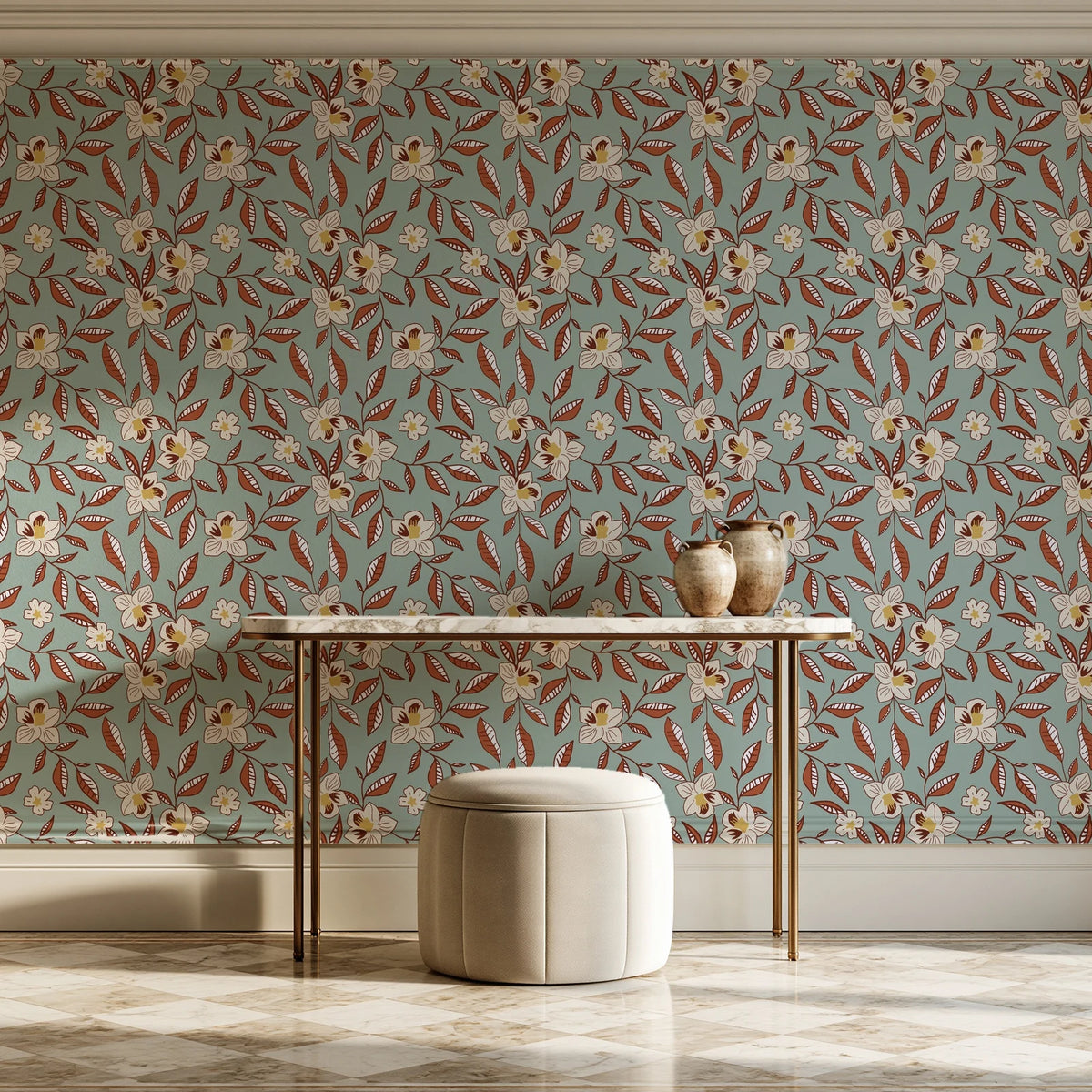 Magnolia Morning Terracotta magnolia bloom wallpaper on the wall of a grand entry foyer