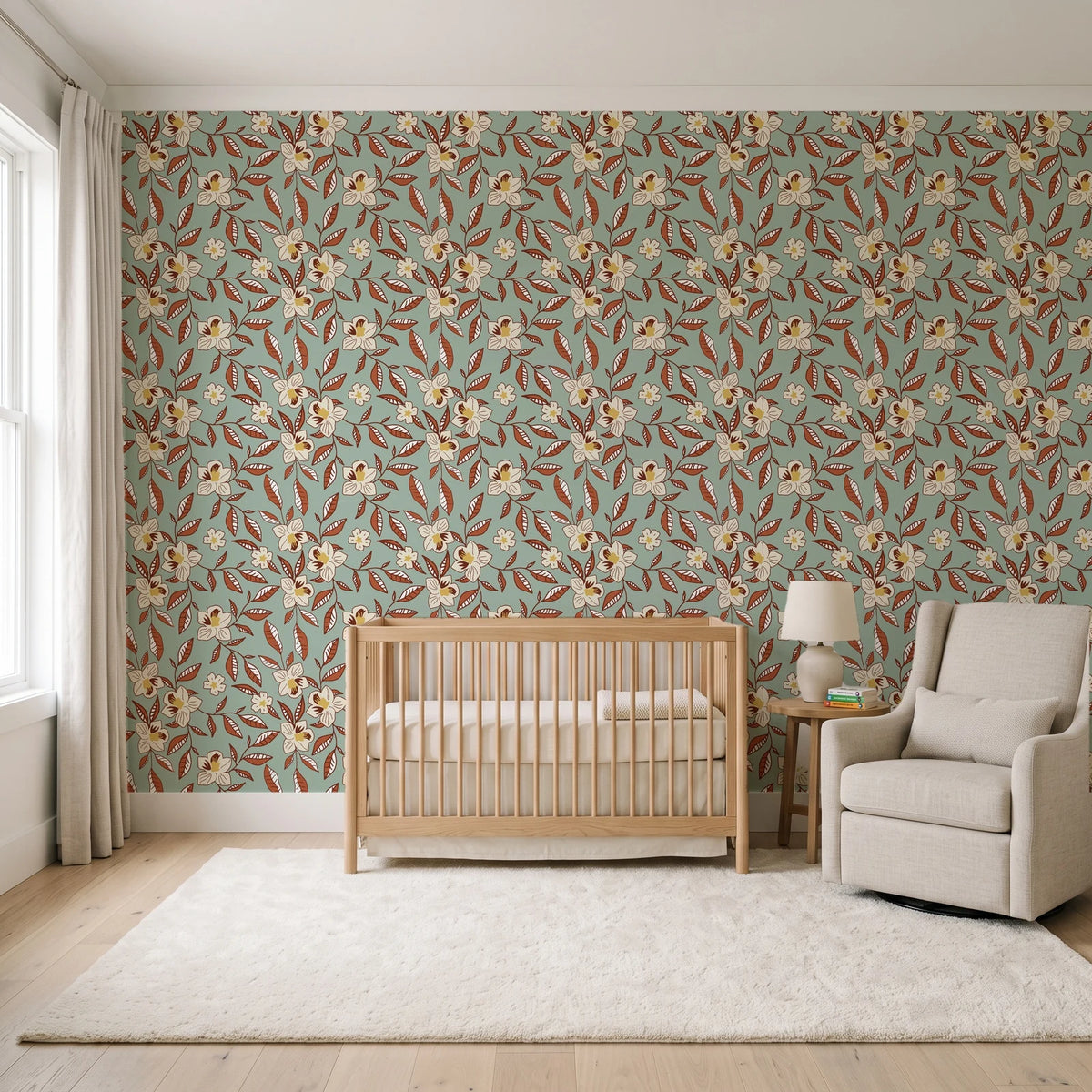 Magnolia Morning Terracotta magnolia bloom wallpaper in a calm, light-filled nursery