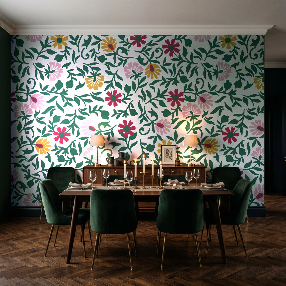 Matisse Reverie Emerald folk floral wallpaper in a dark moody dining room with a candlelit table