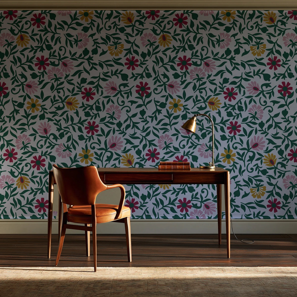 Matisse Reverie Emerald folk floral wallpaper as a feature wall in a home study