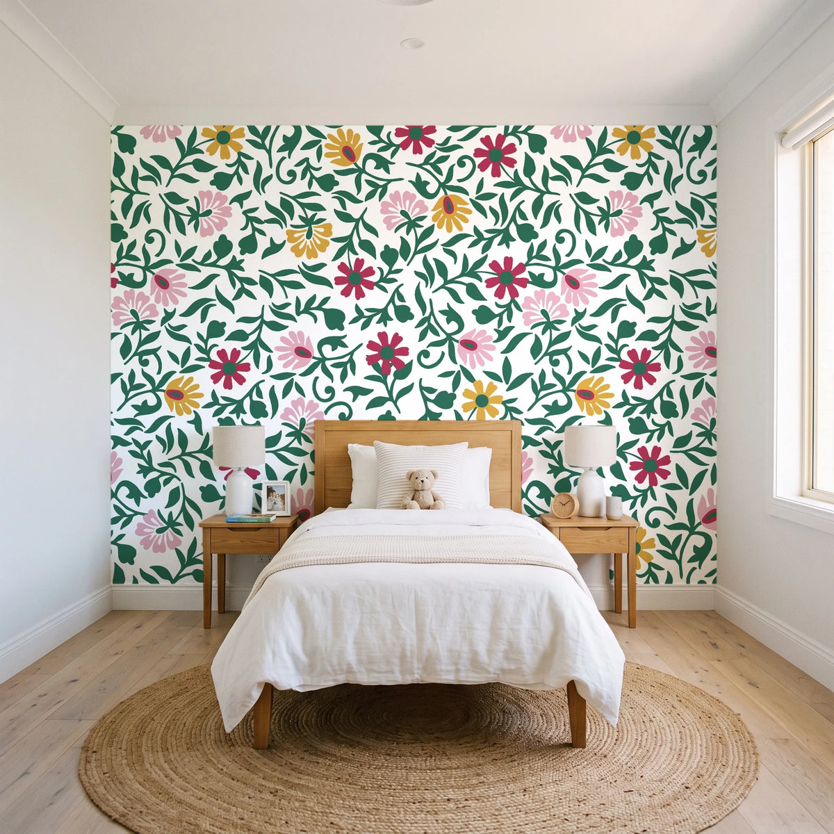 Matisse Reverie Emerald folk floral wallpaper in a bright, cheerful child's bedroom