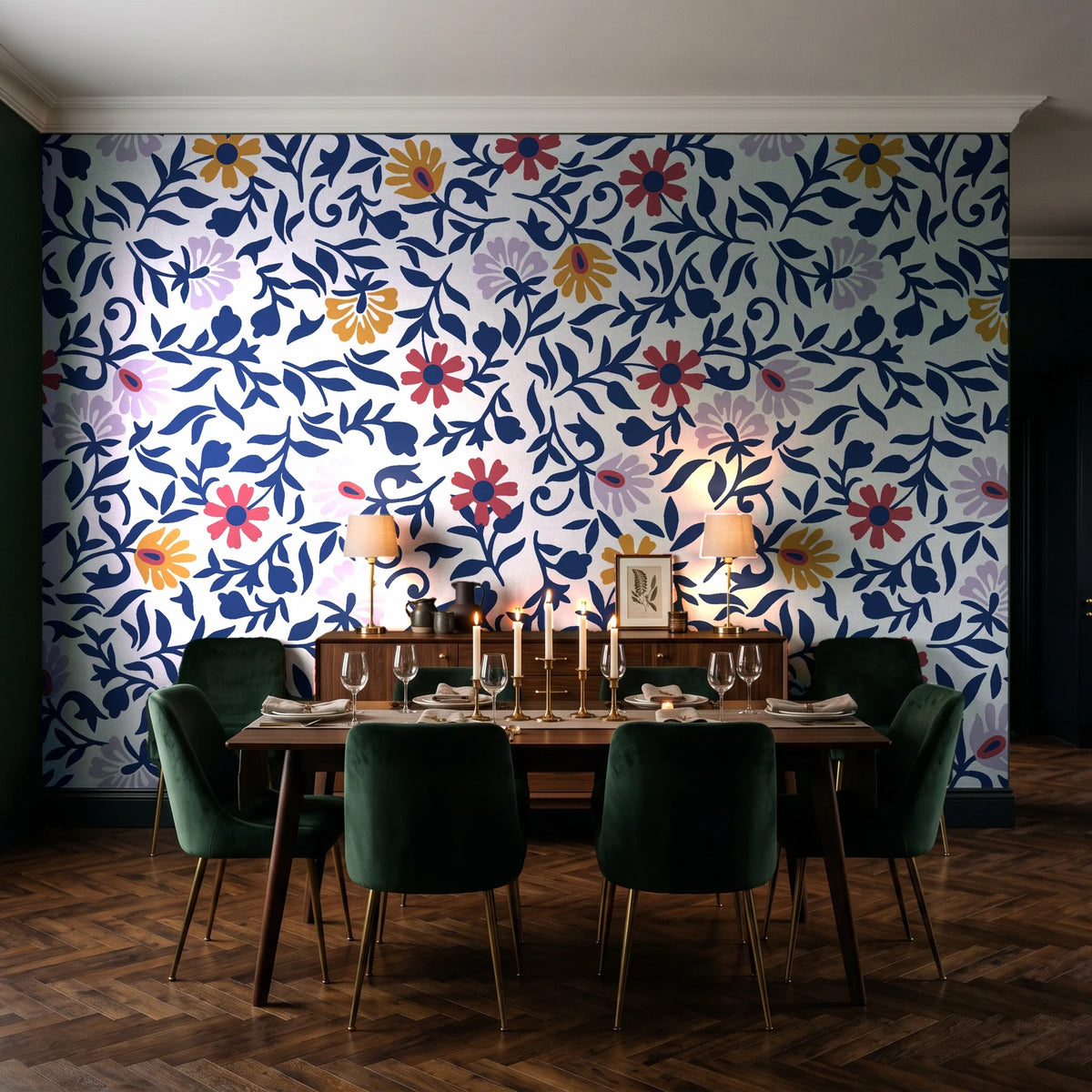 Matisse Reverie Navy folk floral wallpaper in a dark moody dining room with a candlelit table