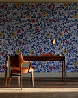 Matisse Reverie Navy folk floral wallpaper as a feature wall in a home study