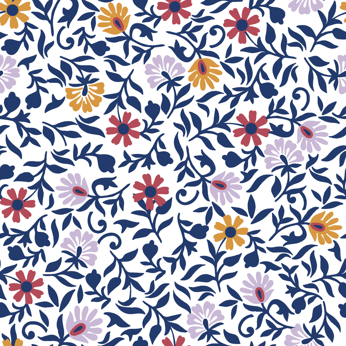 Matisse Reverie Navy folk floral wallpaper in navy and marigold