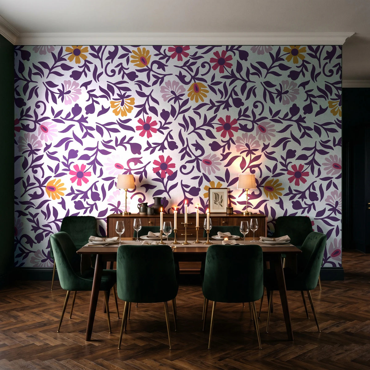 Matisse Reverie Plum folk floral wallpaper in a dark moody dining room with a candlelit table