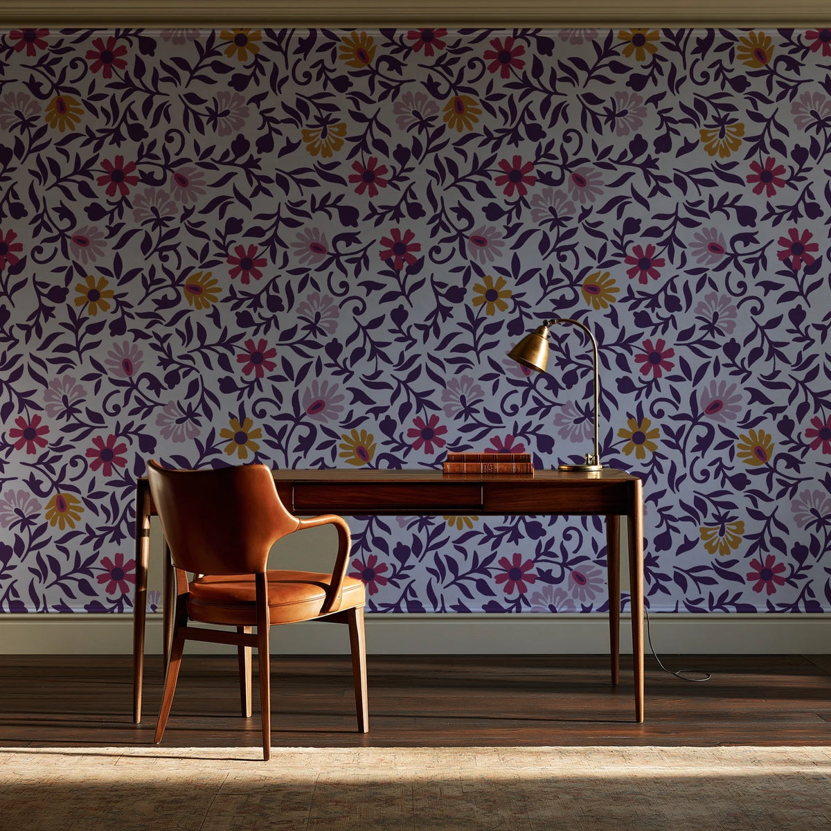 Matisse Reverie Plum folk floral wallpaper as a feature wall in a home study