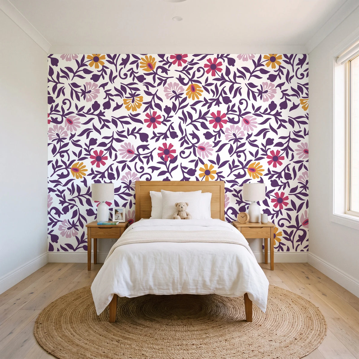 Matisse Reverie Plum folk floral wallpaper in a bright, cheerful child's bedroom