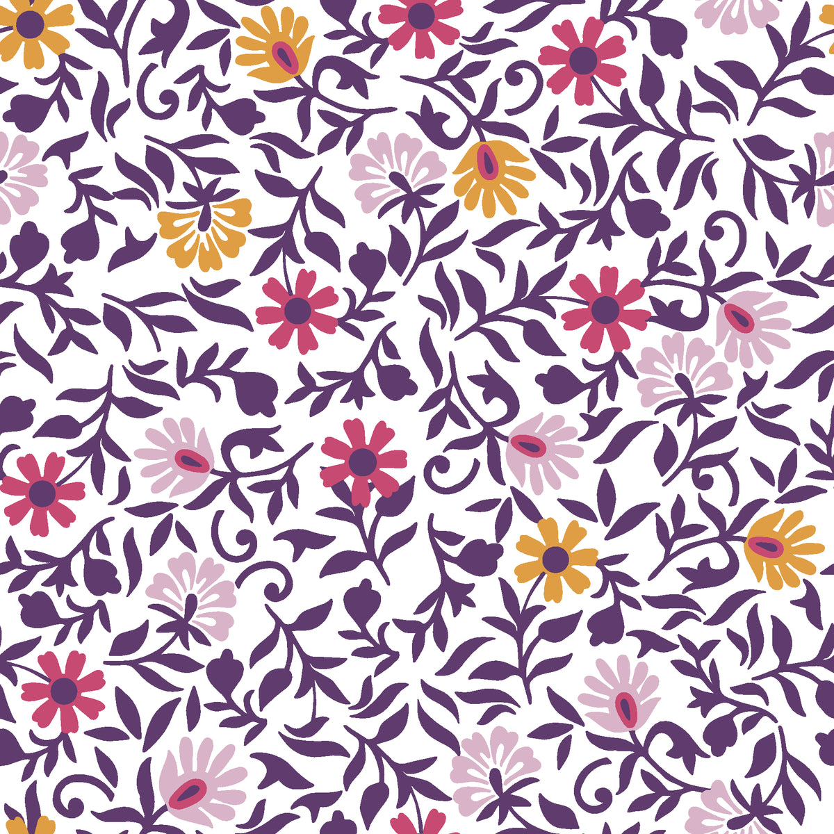 Matisse Reverie Plum folk floral wallpaper in plum and berry