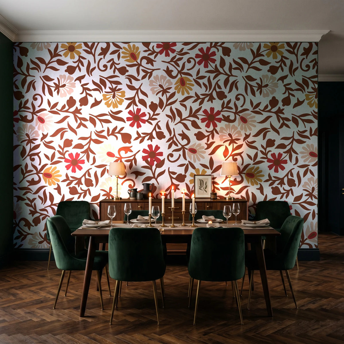 Matisse Reverie Rust folk floral wallpaper in a dark moody dining room with a candlelit table