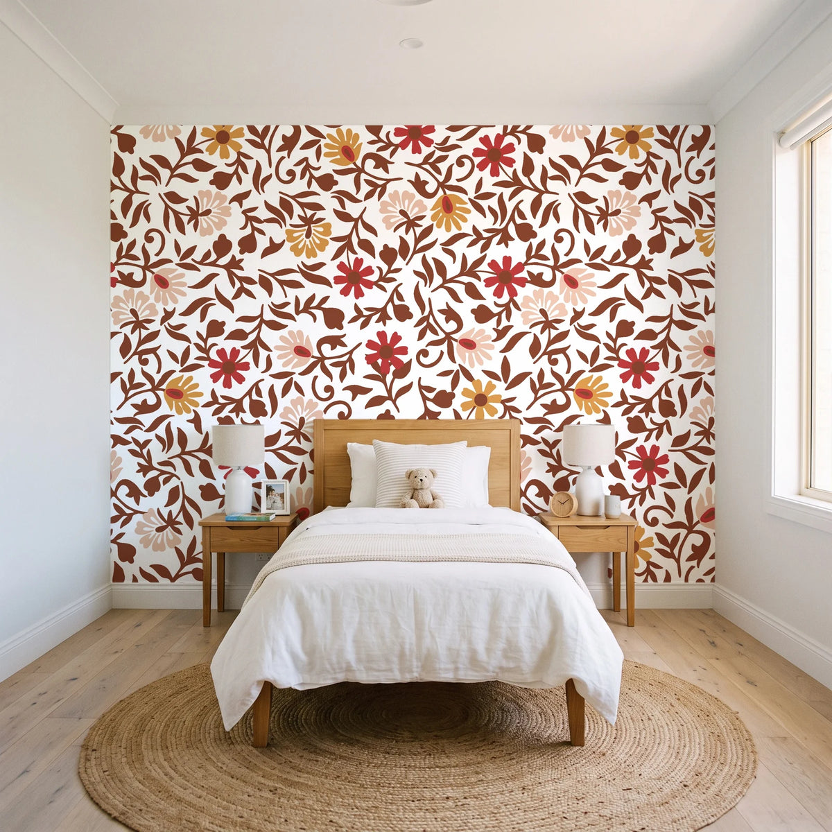 Matisse Reverie Rust folk floral wallpaper in a bright, cheerful child's bedroom