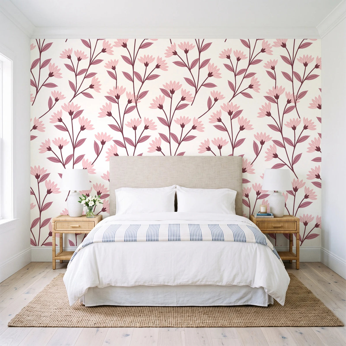 Meadow Light Blush meadow flower wallpaper behind a queen bed in a bright coastal bedroom