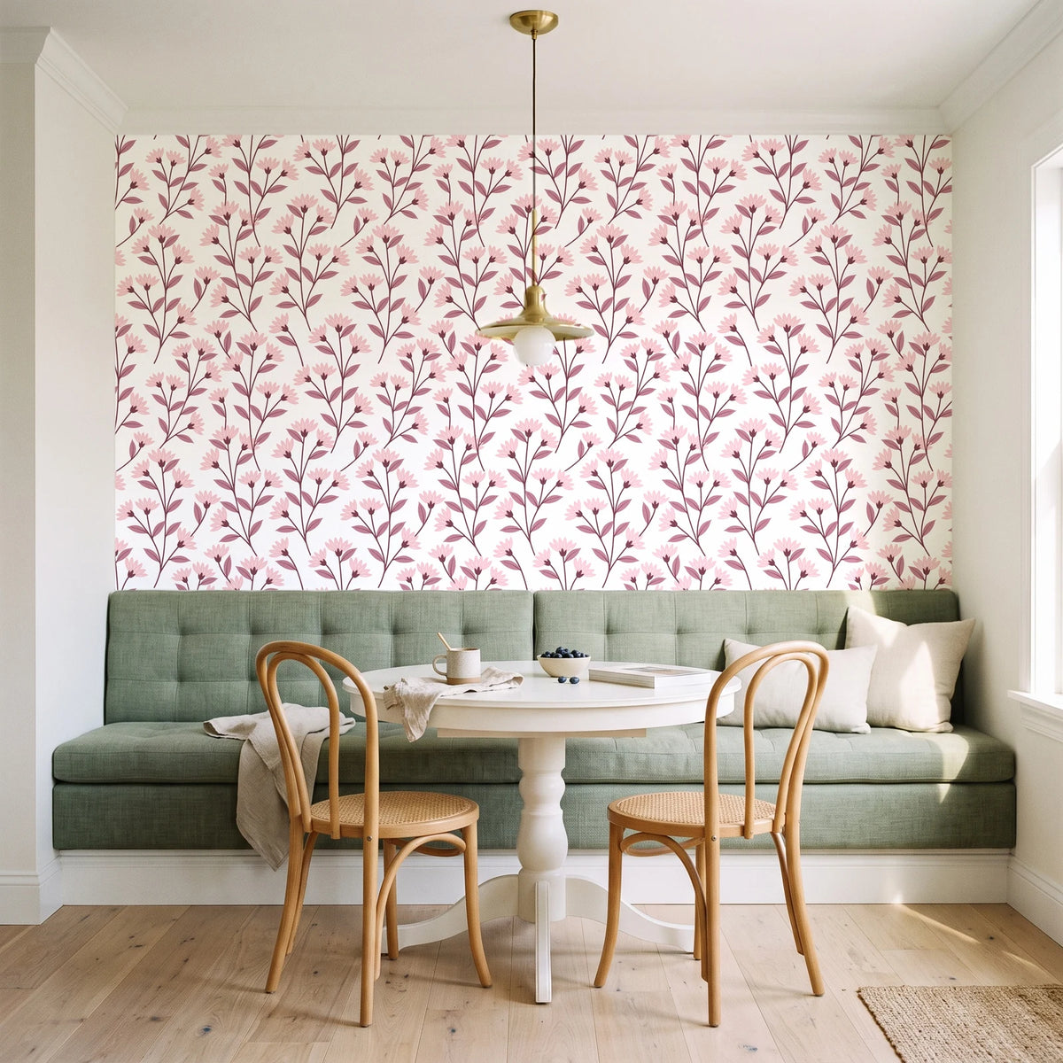 Meadow Light Blush meadow flower wallpaper as a feature wall in a sunlit breakfast nook