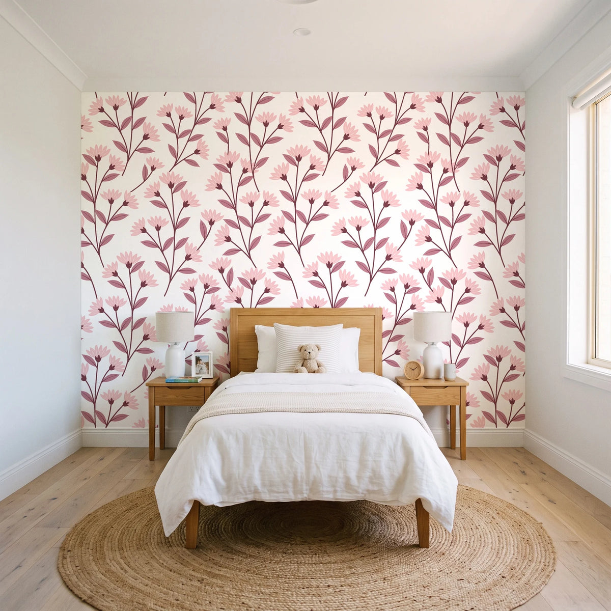Meadow Light Blush meadow flower wallpaper in a bright, cheerful child's bedroom