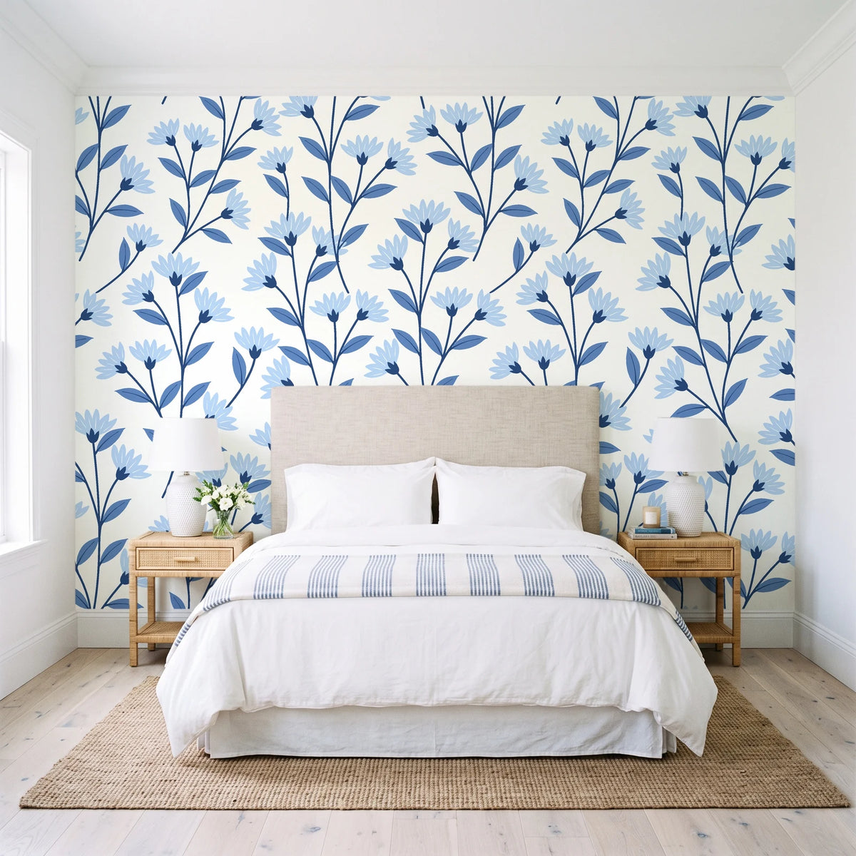 Meadow Light Cornflower meadow flower wallpaper behind a queen bed in a bright coastal bedroom