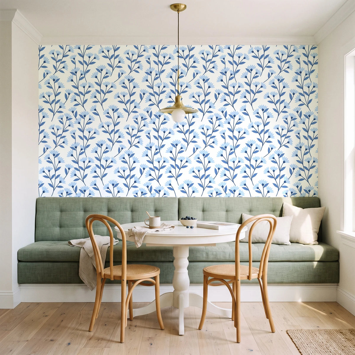 Meadow Light Cornflower meadow flower wallpaper as a feature wall in a sunlit breakfast nook