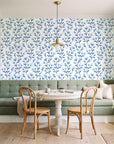 Meadow Light Cornflower meadow flower wallpaper as a feature wall in a sunlit breakfast nook