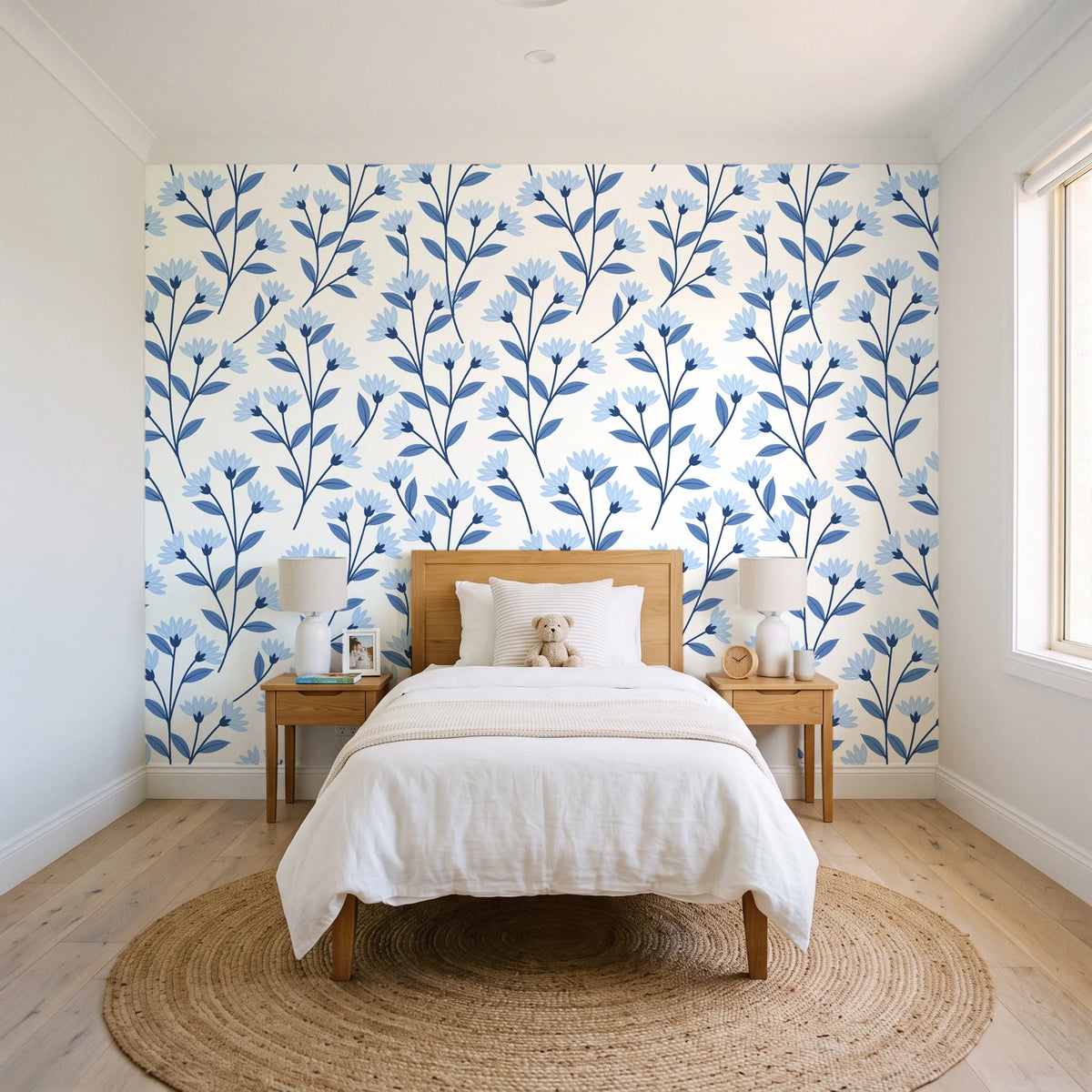 Meadow Light Cornflower meadow flower wallpaper in a bright, cheerful child's bedroom