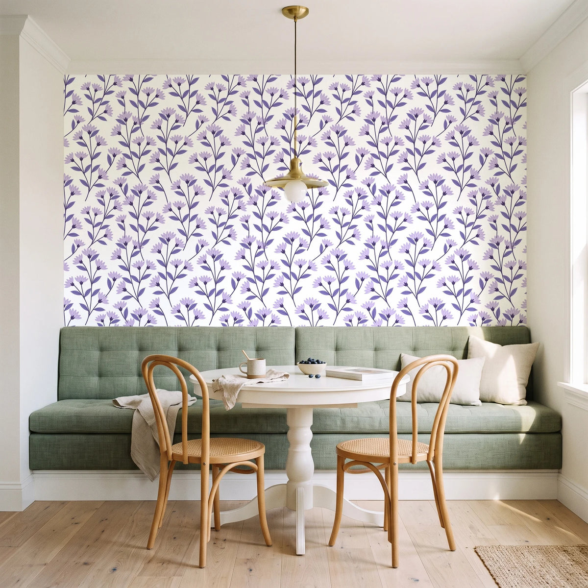 Meadow Light Lavender meadow flower wallpaper as a feature wall in a sunlit breakfast nook