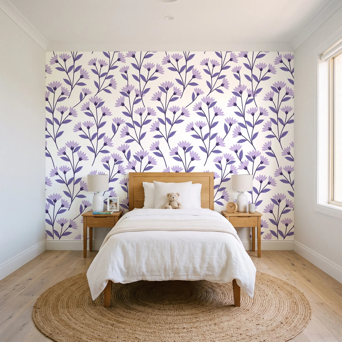 Meadow Light Lavender meadow flower wallpaper in a bright, cheerful child's bedroom