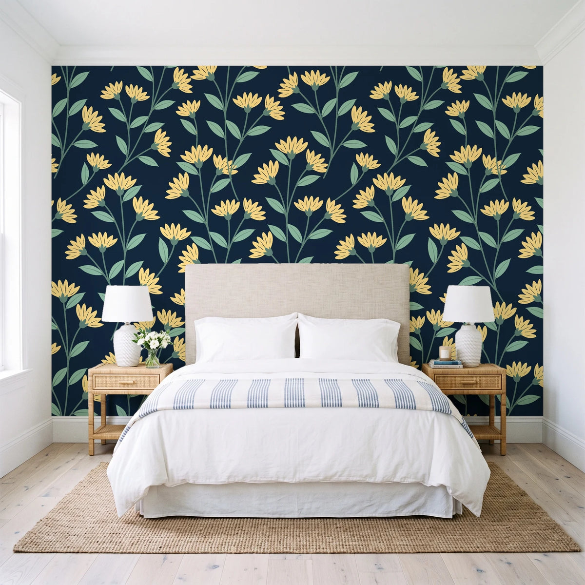 Meadow Light Midnight meadow flower wallpaper behind a queen bed in a bright coastal bedroom