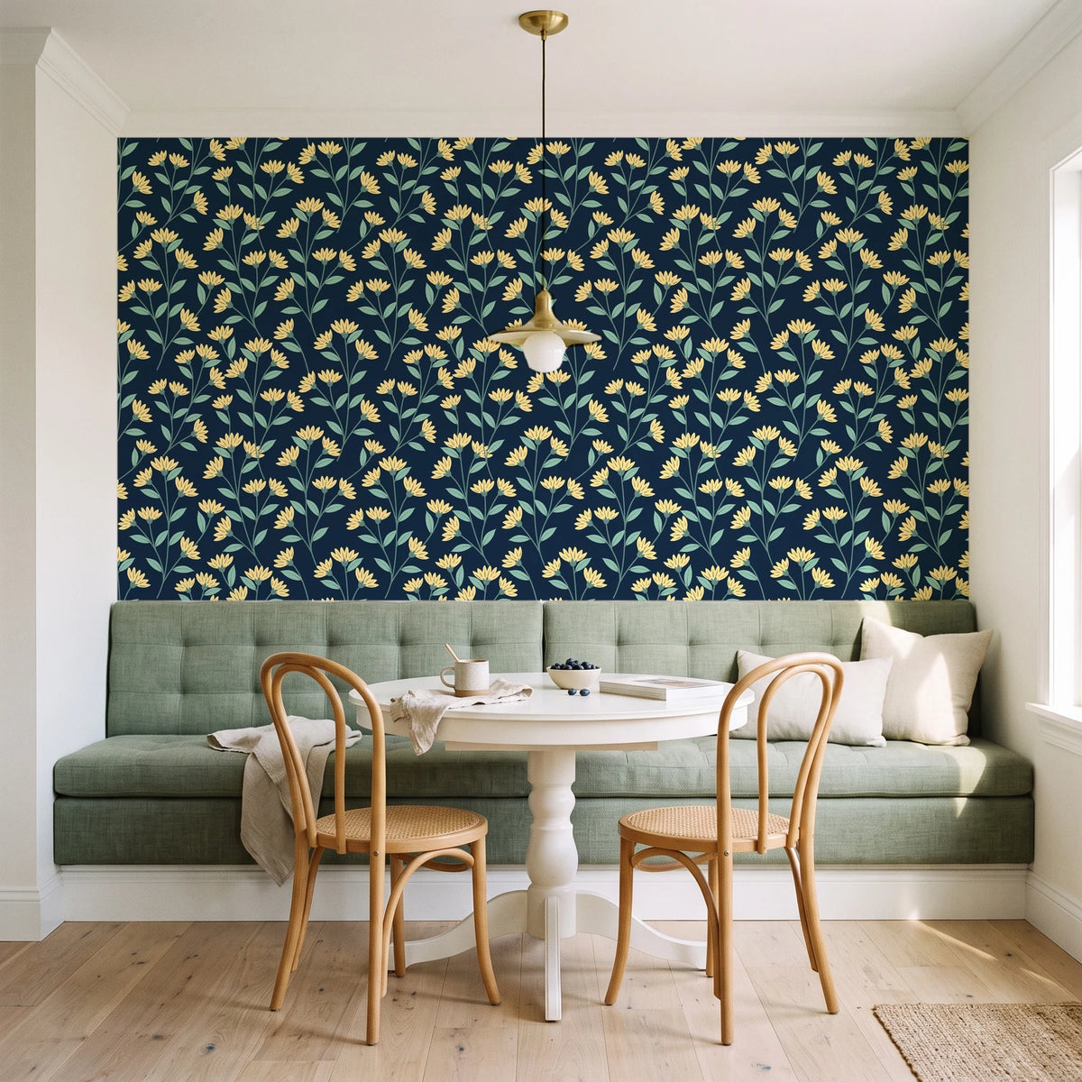 Meadow Light Midnight meadow flower wallpaper as a feature wall in a sunlit breakfast nook