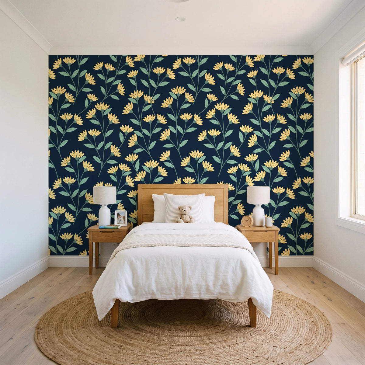 Meadow Light Midnight meadow flower wallpaper in a bright, cheerful child's bedroom