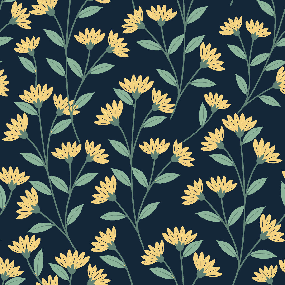 Meadow Light Midnight meadow flower wallpaper in midnight and marigold